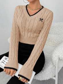 Elenzga Autumn/Winter Fashion Butterfly Embroidery V-Neck Cable Knit Women Pullover Sweater - Apricot - View 5
