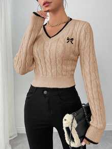 Elenzga Autumn/Winter Fashion Butterfly Embroidery V-Neck Cable Knit Women Pullover Sweater - Apricot - View 4