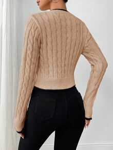 Elenzga Autumn/Winter Fashion Butterfly Embroidery V-Neck Cable Knit Women Pullover Sweater - Apricot - View 2