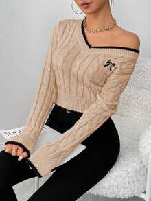 Elenzga Autumn/Winter Fashion Butterfly Embroidery V-Neck Cable Knit Women Pullover Sweater - Apricot - View 7