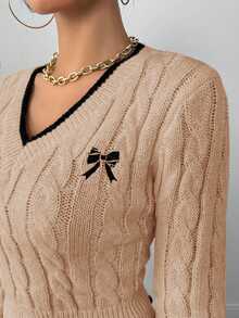 Elenzga Autumn/Winter Fashion Butterfly Embroidery V-Neck Cable Knit Women Pullover Sweater - Apricot - View 6