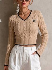 Elenzga Autumn/Winter Fashion Butterfly Embroidery V-Neck Cable Knit Women Pullover Sweater - Apricot - View 3