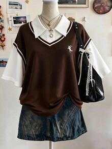 Lalippa Embroidered Fashionable Minimalist Women's Polo Neck T-Shirt, Gift For Friends - Brown - View 3