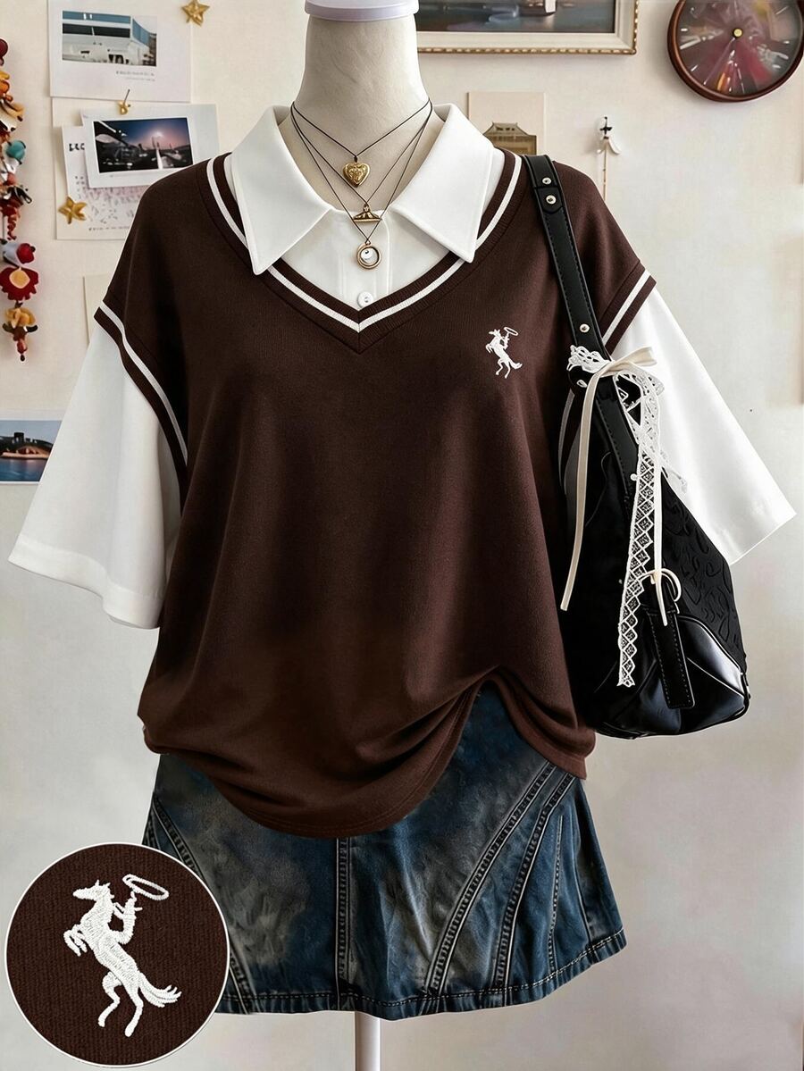 Lalippa Embroidered Fashionable Minimalist Women's Polo Neck T-Shirt, Gift For Friends - Brown - View 1