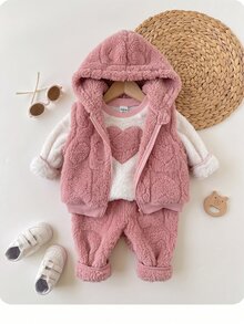 SHEIN Setelan 3 Potong untuk Bayi Perempuan: Atasan Lengan Panjang Bordir dan Celana Panjang dengan Rompi Berkerudung dan Resleting - Berwarna merah muda - View 4