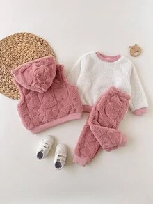 SHEIN Setelan 3 Potong untuk Bayi Perempuan: Atasan Lengan Panjang Bordir dan Celana Panjang dengan Rompi Berkerudung dan Resleting - Berwarna merah muda - View 6