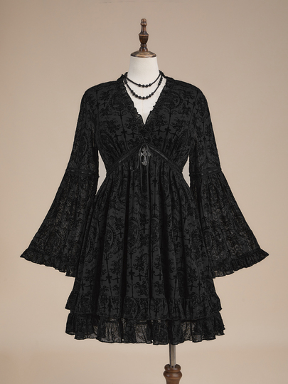 Goth Abito corto di moda gotico scuro per Ognissanti, taglie forti, in velluto nero, con scollo a V, vita stretta e maniche a campana