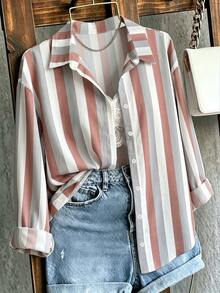 Trelyra Women's Casual Commute Single-Breasted Contrast Color Striped Shirt - Multicolor - View 4