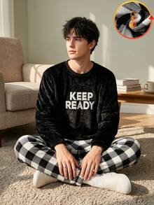 青少年男孩新款極簡時尚休閒黑色格紋長袖上衣與長褲兩件套居家服 抓絨加厚 秋冬款 - 黑色 - 查看 2