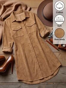 SHEIN LUNE Plus Size Fashion Button Long Sleeve Pocket Thanksgiving Dress Brunch Formal Vacation Brown Autumn Casual Baggy - Camel - View 1