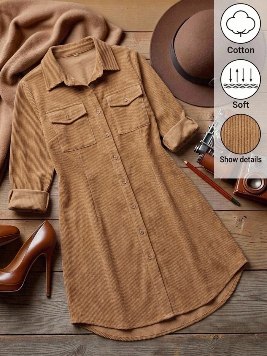 SHEIN LUNE Plus Size Fashion Button Long Sleeve Pocket Thanksgiving Dress Brunch Formal Vacation Brown Autumn Casual Baggy - Camel - View 1