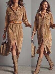 SHEIN LUNE Plus Size Fashion Button Long Sleeve Pocket Thanksgiving Dress Brunch Formal Vacation Brown Autumn Casual Baggy - Camel - View 6