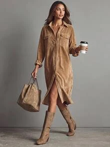SHEIN LUNE Plus Size Fashion Button Long Sleeve Pocket Thanksgiving Dress Brunch Formal Vacation Brown Autumn Casual Baggy - Camel - View 4