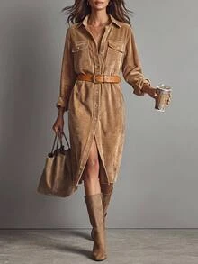 SHEIN LUNE Plus Size Fashion Button Long Sleeve Pocket Thanksgiving Dress Brunch Formal Vacation Brown Autumn Casual Baggy - Camel - View 5