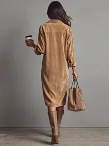 SHEIN LUNE Plus Size Fashion Button Long Sleeve Pocket Thanksgiving Dress Brunch Formal Vacation Brown Autumn Casual Baggy - Camel - View 2