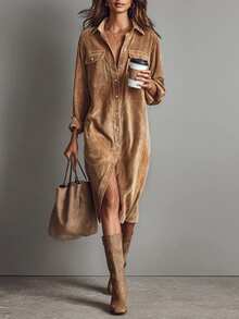 SHEIN LUNE Plus Size Fashion Button Long Sleeve Pocket Thanksgiving Dress Brunch Formal Vacation Brown Autumn Casual Baggy - Camel - View 7