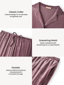 LUVLETTE Autumn And Winter Women Plus Size Comfortable Velour Button-Up Long Pajama Set Women's Sleepwear Lounge Set Fall Pajamas - Coffee Brown - View 3
