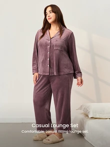 LUVLETTE Autumn And Winter Women Plus Size Comfortable Velour Button-Up Long Pajama Set Women's Sleepwear Lounge Set Fall Pajamas - Coffee Brown - View 8
