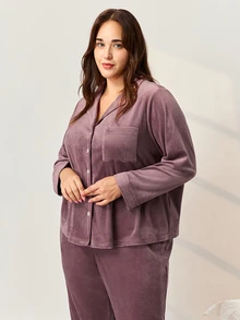 LUVLETTE Autumn And Winter Women Plus Size Comfortable Velour Button-Up Long Pajama Set Women's Sleepwear Lounge Set Fall Pajamas - Coffee Brown - View 4