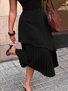 SHEIN CURVE+ Plus Size Women's Elegant Loose Midi Skirt, Pleated Design Fall - Black - View 7