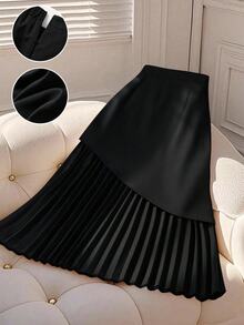 SHEIN CURVE+ Plus Size Women's Elegant Loose Midi Skirt, Pleated Design Fall - Black - View 1