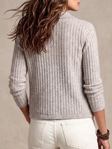 SHEIN Women's Autumn Winter Light Gray Ribbed Knit Cardigan, Elegant Fashionable Turn-Down Collar Button Front Pocket Sweater For Daily Wear, Commute,Casual - Apricot - View 2