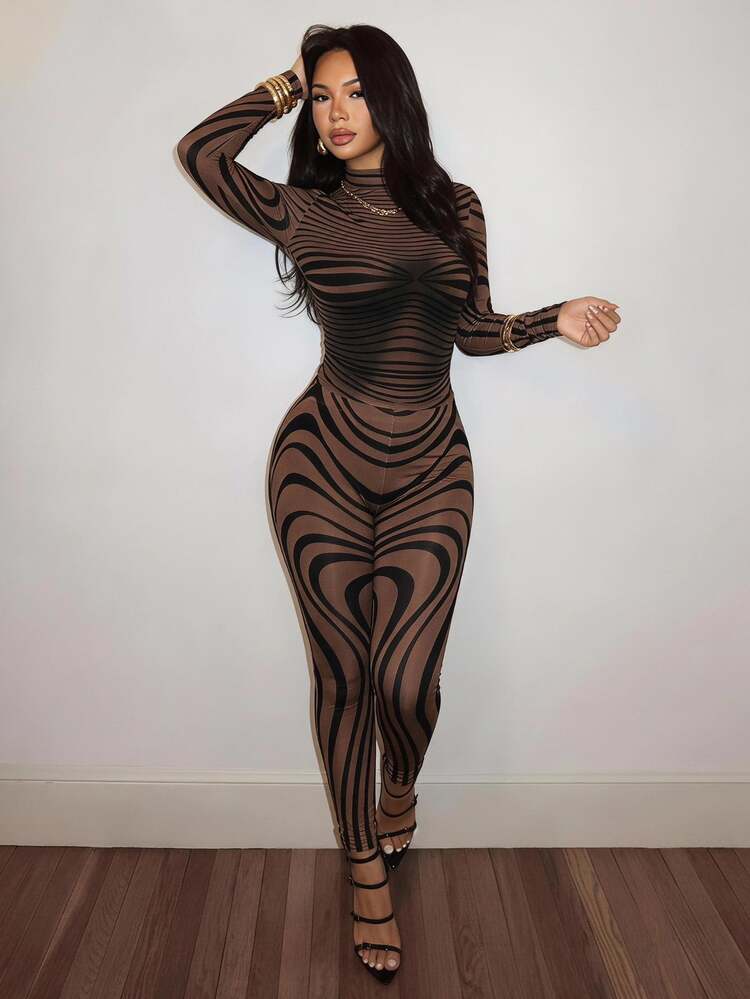 Slaydiva 2025 Summer Sheer Mesh Zebra Print Bodycon Long Sleeve Crop Top And Tight Pants 2 Pieces Set,Brown Checkered,Autumn,Chic,Club Music Festival Wear - Brown - View 1