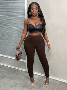 Slaydiva New Arrival/Easter/Western Style Summer Solid Color Wrap Pleated High Waist Cropped Work Pants For Women - Brown - View 9