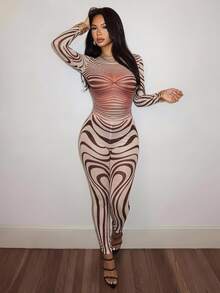 Slaydiva All Brown Autumn Seductive Night Out Club Sheer Mesh Zebra Print Body-Fitting Long Sleeve Top And Tight Pants 2Pcs Set, Street Style Sexy - Multicolor - View 1