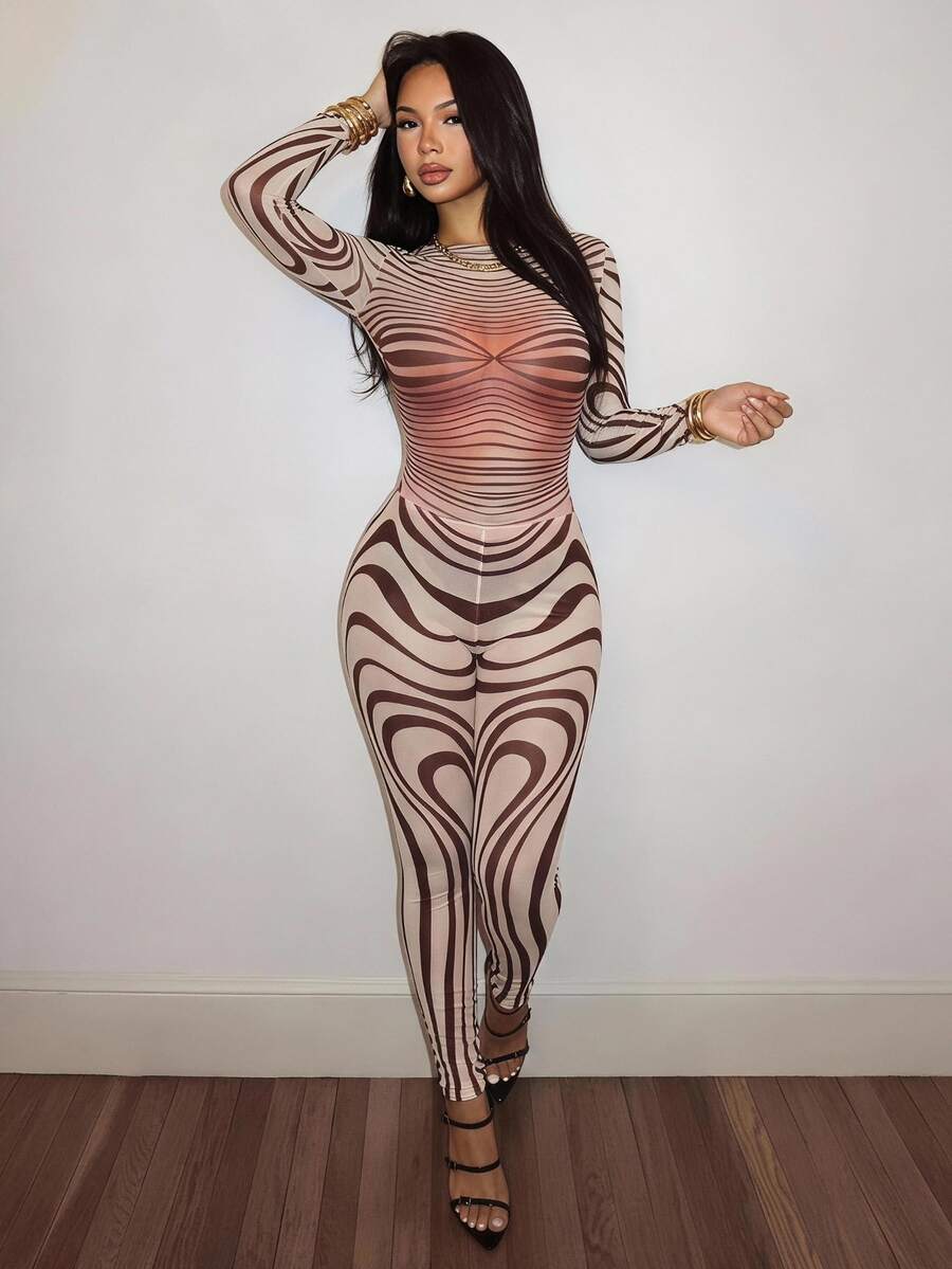 Slaydiva All Brown Autumn Seductive Night Out Club Sheer Mesh Zebra Print Body-Fitting Long Sleeve Top And Tight Pants 2Pcs Set, Street Style Sexy - Multicolor - View 1
