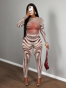 Slaydiva All Brown Autumn Seductive Night Out Club Sheer Mesh Zebra Print Body-Fitting Long Sleeve Top And Tight Pants 2Pcs Set, Street Style Sexy - Multicolor - View 6
