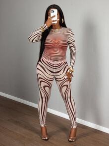 Slaydiva All Brown Autumn Seductive Night Out Club Sheer Mesh Zebra Print Body-Fitting Long Sleeve Top And Tight Pants 2Pcs Set, Street Style Sexy - Multicolor - View 5