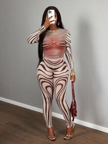 Slaydiva All Brown Autumn Seductive Night Out Club Sheer Mesh Zebra Print Body-Fitting Long Sleeve Top And Tight Pants 2Pcs Set, Street Style Sexy - Multicolor - View 3