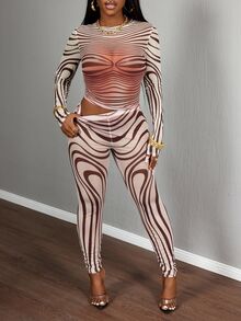 Slaydiva All Brown Autumn Seductive Night Out Club Sheer Mesh Zebra Print Body-Fitting Long Sleeve Top And Tight Pants 2Pcs Set, Street Style Sexy - Multicolor - View 4