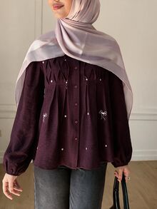 Solavon Women's Elegant Romantic Embroidered Pleated Button Long Sleeve Blouse Date Burgundy Autumn - Burgundy - View 8
