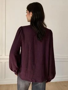 Solavon Women's Elegant Romantic Embroidered Pleated Button Long Sleeve Blouse Date Burgundy Autumn - Burgundy - View 3
