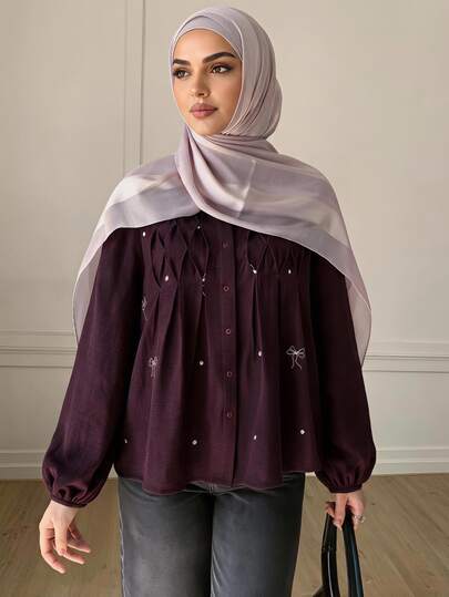 Solavon Women's Elegant Romantic Embroidered Pleated Button Long Sleeve Blouse Date Burgundy Autumn