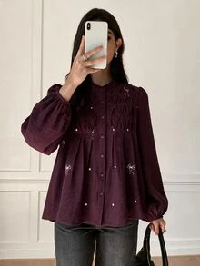 Solavon Women's Elegant Romantic Embroidered Pleated Button Long Sleeve Blouse Date Burgundy Autumn - Burgundy - View 6
