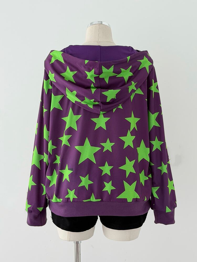 Sunspun Plus Allover Star Print Kangaroo Pocket Drawstring Sweatshirt Fall - Purple - View 2