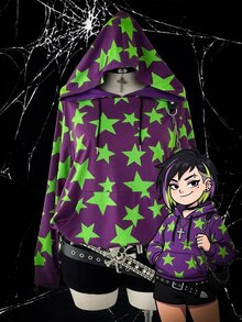 Sunspun Plus Allover Star Print Kangaroo Pocket Drawstring Sweatshirt Fall Halloween Going Out Concert Purple Goth Cargo - Purple - View 1