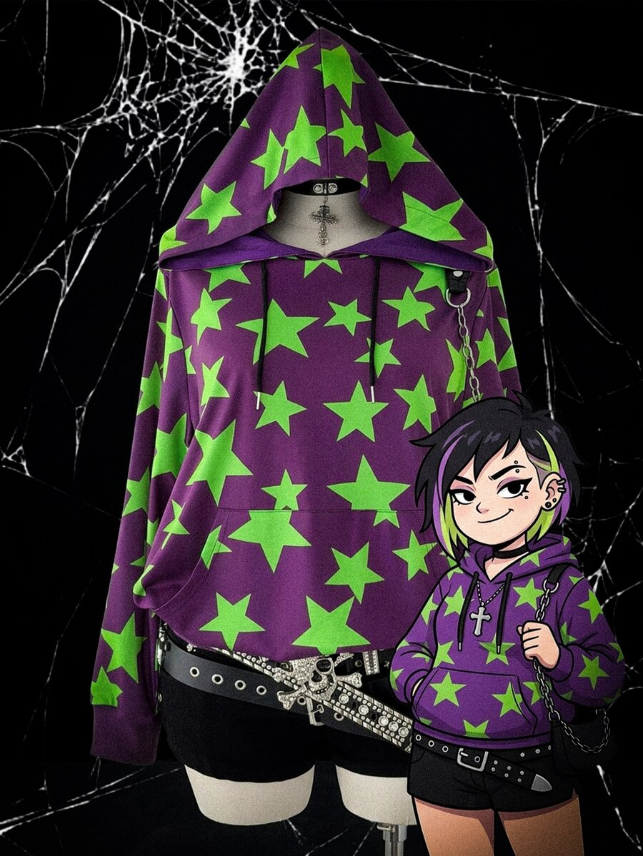 Sunspun Plus Allover Star Print Kangaroo Pocket Drawstring Sweatshirt Fall Halloween Going Out Concert Purple Goth Cargo - Purple - View 1