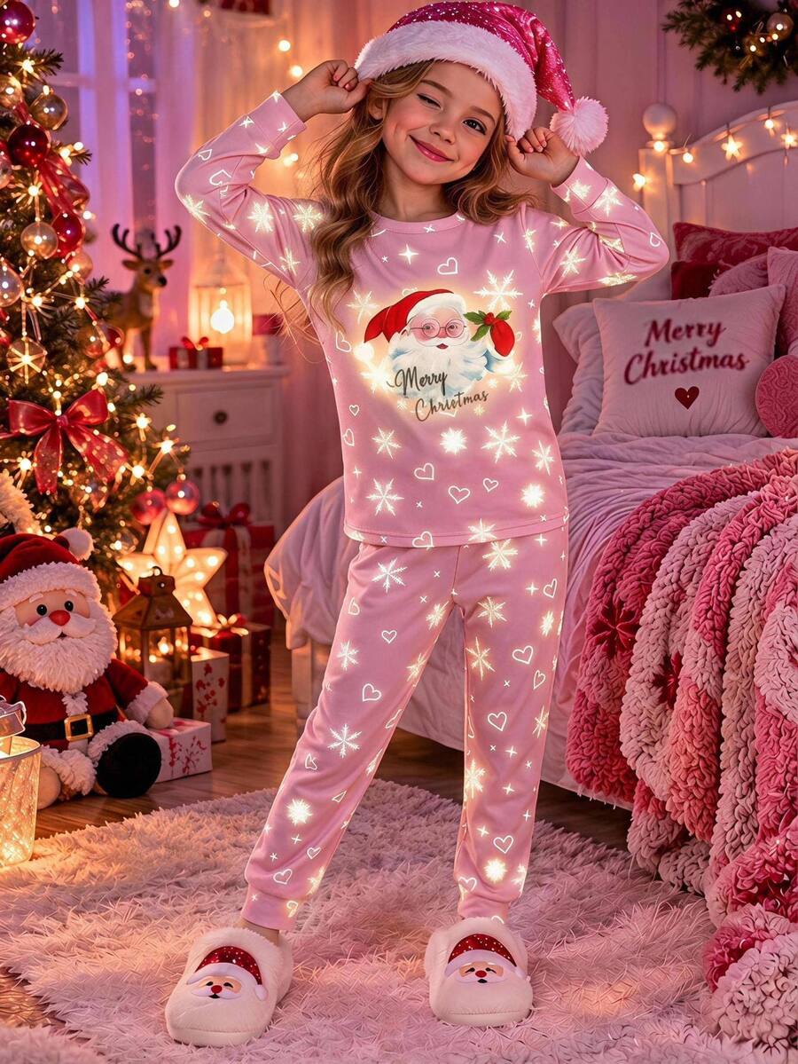SHEIN Tween Girls Tween Girl Autumn/Winter Christmas Cute Fashion Versatile Party Long Sleeve Long Pants Set, Daily Snug Fit Home Wear - Multicolor - View 1