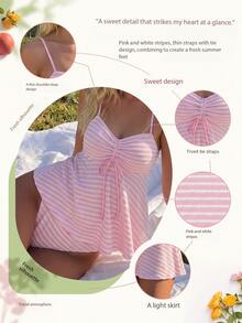 SHEIN Swim 粉色與白色條紋夏季優雅海灘派對度假兩件式泳衣，荷葉邊短版上衣搭配三角泳褲，支撐性露背比基尼 - 粉色 - 查看 9