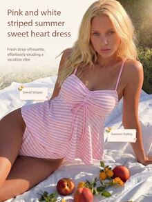 SHEIN Swim 粉色與白色條紋夏季優雅海灘派對度假兩件式泳衣，荷葉邊短版上衣搭配三角泳褲，支撐性露背比基尼 - 粉色 - 查看 11