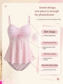 SHEIN Swim 粉色與白色條紋夏季優雅海灘派對度假兩件式泳衣，荷葉邊短版上衣搭配三角泳褲，支撐性露背比基尼 - 粉色 - 查看 6
