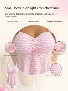 SHEIN Swim 粉色與白色條紋夏季優雅海灘派對度假兩件式泳衣，荷葉邊短版上衣搭配三角泳褲，支撐性露背比基尼 - 粉色 - 查看 7