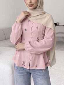 Solavon Women's Floral Embroidered Long Sleeve Side Waist Tie Single-Breasted Shirt - Pink - View 6