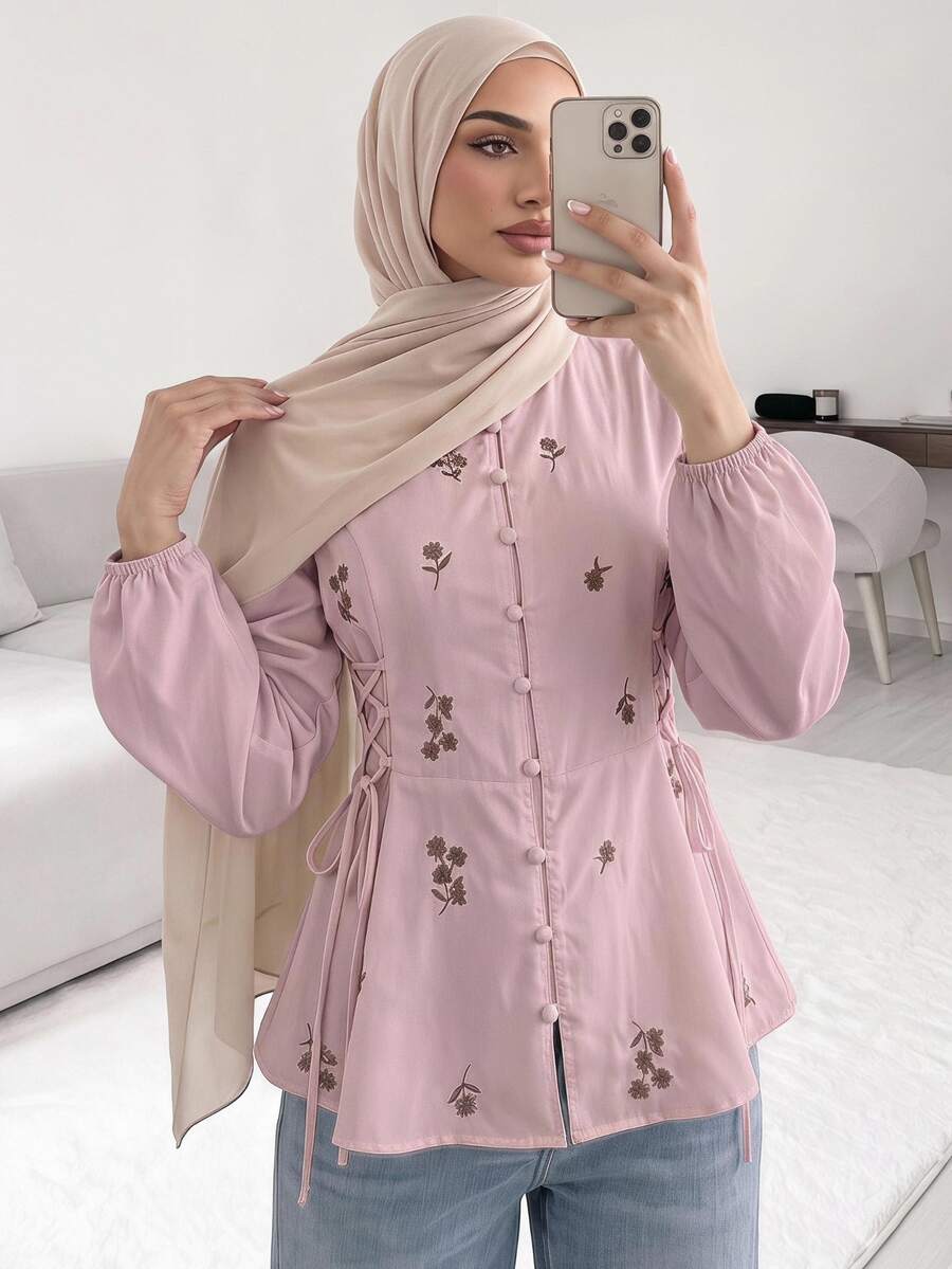 Solavon Women's Floral Embroidered Long Sleeve Side Waist Tie Single-Breasted Shirt - Pink - View 1