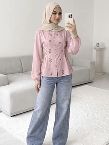 Solavon Women's Floral Embroidered Long Sleeve Side Waist Tie Single-Breasted Shirt - Pink - View 4