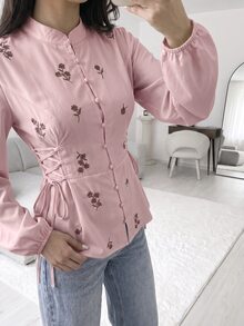 Solavon Women's Floral Embroidered Long Sleeve Side Waist Tie Single-Breasted Shirt - Pink - View 5